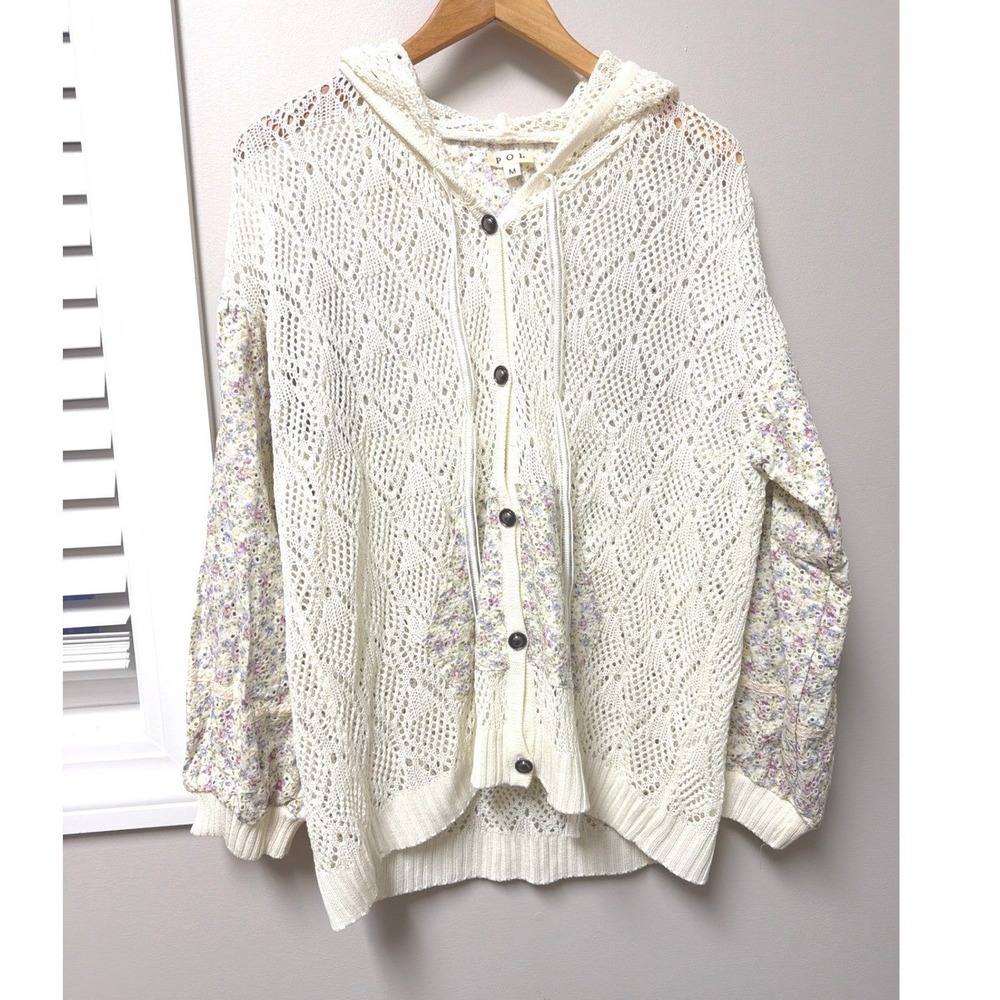 POL Crochet Knit Floral Puff Sleeve Hooded Cardigan Sweater Cream M Y2K Coquette - Picture 5 of 12